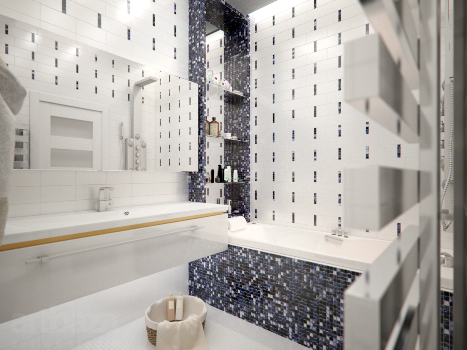 Дизайн ванной комнаты в морском стиле с мозаикой фабрики Dune