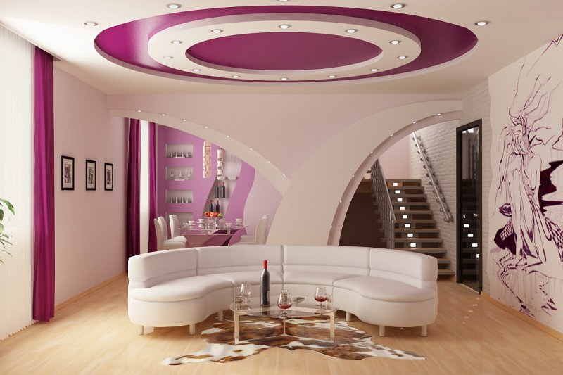 дизайн гипсокартонных потолков в гостиной